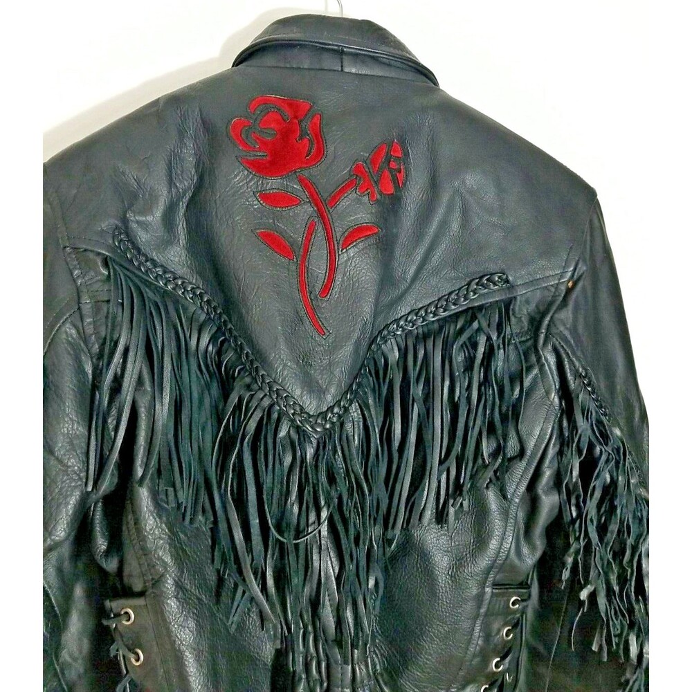 Genuine Leather LG Motorcycle Jacket Fringe Rose Inlay w/ Thinsulate 3M Liner - Picture 6 of 12